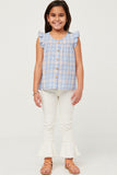 GY5757 BLUE Girls Textured Plaid Ruffled Button Up Tank Full Body