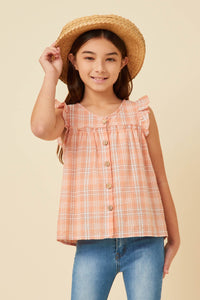 GY5757 PEACH Girls Textured Plaid Ruffled Button Up Tank Front