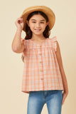 GY5757 PEACH Girls Textured Plaid Ruffled Button Up Tank Front