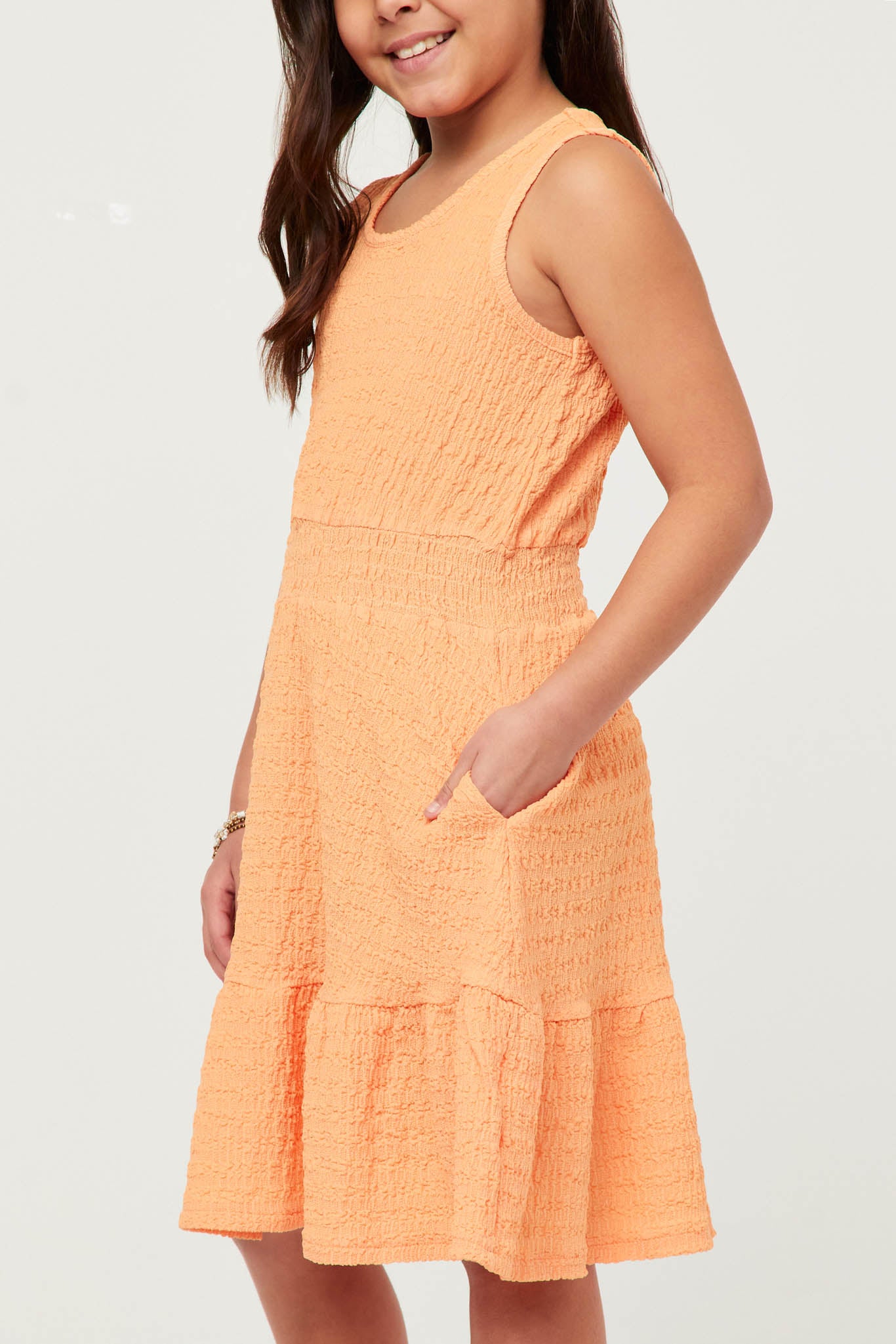 GY5759 CORAL Girls Textured Knit Smocked Waist Tank Dress Side