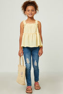 GY5761 YELLOW Girls Textured Knit Ruffle Strap Tiered Top Full Body