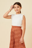 GY5765 OFF WHITE Girls Knit Eyelet Ruffle Detail Tank Front