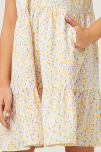 GY5772 YELLOW Girls Ditsy Floral Sleeveless Smocked Ruffle Shoulder Dress Detail