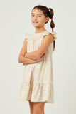 GY5772 YELLOW Girls Ditsy Floral Sleeveless Smocked Ruffle Shoulder Dress Side