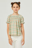 GY5793 SAGE Girls Plaid Smocked Square Neck Baby doll Top Front
