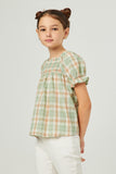 GY5793 SAGE Girls Plaid Smocked Square Neck Baby doll Top Side