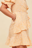 GY5799 APRICOT Girls Floral Seersucker Ruffle Sleeve V Neck Wrap Dress Side