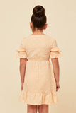 GY5799 APRICOT Girls Floral Seersucker Ruffle Sleeve V Neck Wrap Dress Back