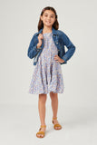 GY5800 Blue Girls Floral Print Square Neck Ruffle Shoulder Dress Full Body