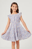 GY5800 Blue Girls Floral Print Square Neck Ruffle Shoulder Dress Front