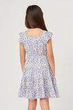 GY5800 Blue Girls Floral Print Square Neck Ruffle Shoulder Dress Back