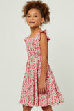 GY5800 RED Girls Floral Print Square Neck Ruffle Shoulder Dress Side