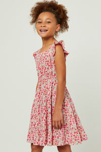 GY5800 RED Girls Floral Print Square Neck Ruffle Shoulder Dress Side