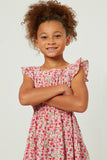 GY5800 RED Girls Floral Print Square Neck Ruffle Shoulder Dress Front