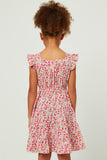 GY5800 RED Girls Floral Print Square Neck Ruffle Shoulder Dress Back
