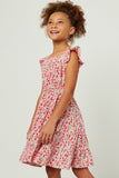 GY5800 RED Girls Floral Print Square Neck Ruffle Shoulder Dress Detail