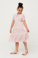 GY5802 PINK Girls Ruffle Tiered Tie Neck Floral Chiffon Dress Side