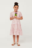 GY5802 PINK Girls Ruffle Tiered Tie Neck Floral Chiffon Dress Full Body