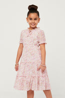 GY5802 PINK Girls Ruffle Tiered Tie Neck Floral Chiffon Dress Front
