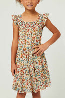 GY5807 OFF WHITE MIX Girls Floral Ruffle Sleeve Smock Detail Dress Front