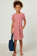 GY5824 PINK Girls Banded Sleeve Textured Stripe Waffle Knit Dress Full Body