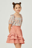 GY5827 SALMON Girls Asymmetric Ruffled Elastic Waist Skirt Front