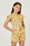 GY5834 YELLOW Girls Watercolor Floral Print Flutter Sleeve Ruffled Romper Front
