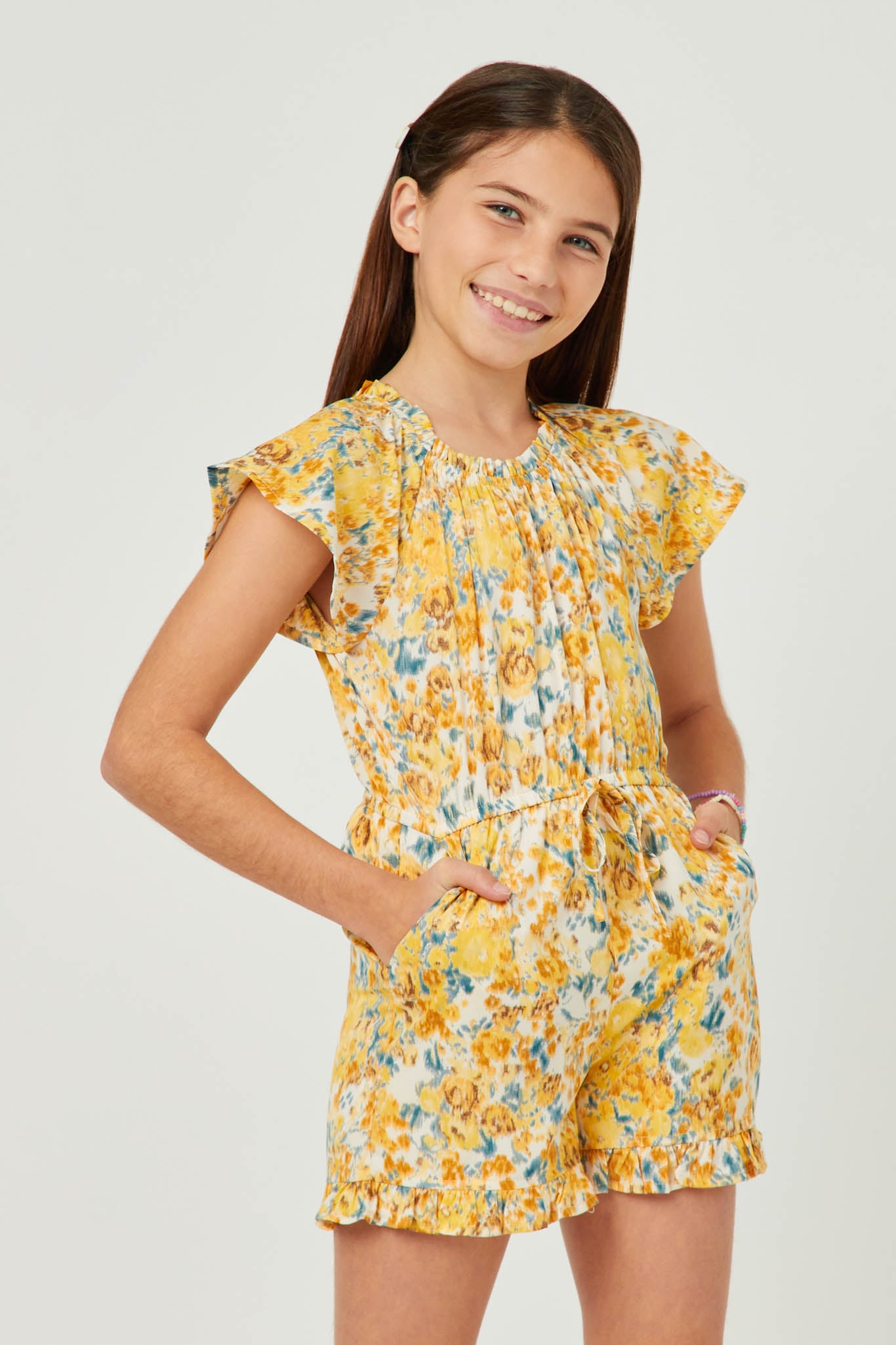 Watercolor Floral Flutter Sleeve Ruffled Romper