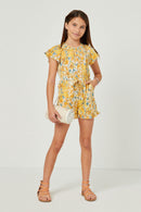 GY5834 YELLOW Girls Watercolor Floral Print Flutter Sleeve Ruffled Romper Full Body