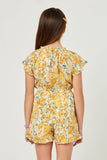 GY5834 YELLOW Girls Watercolor Floral Print Flutter Sleeve Ruffled Romper Back