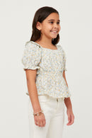 GY5837 IVORY Girls Embroidered Eyelet Ruffled Floral Peplum Top Side