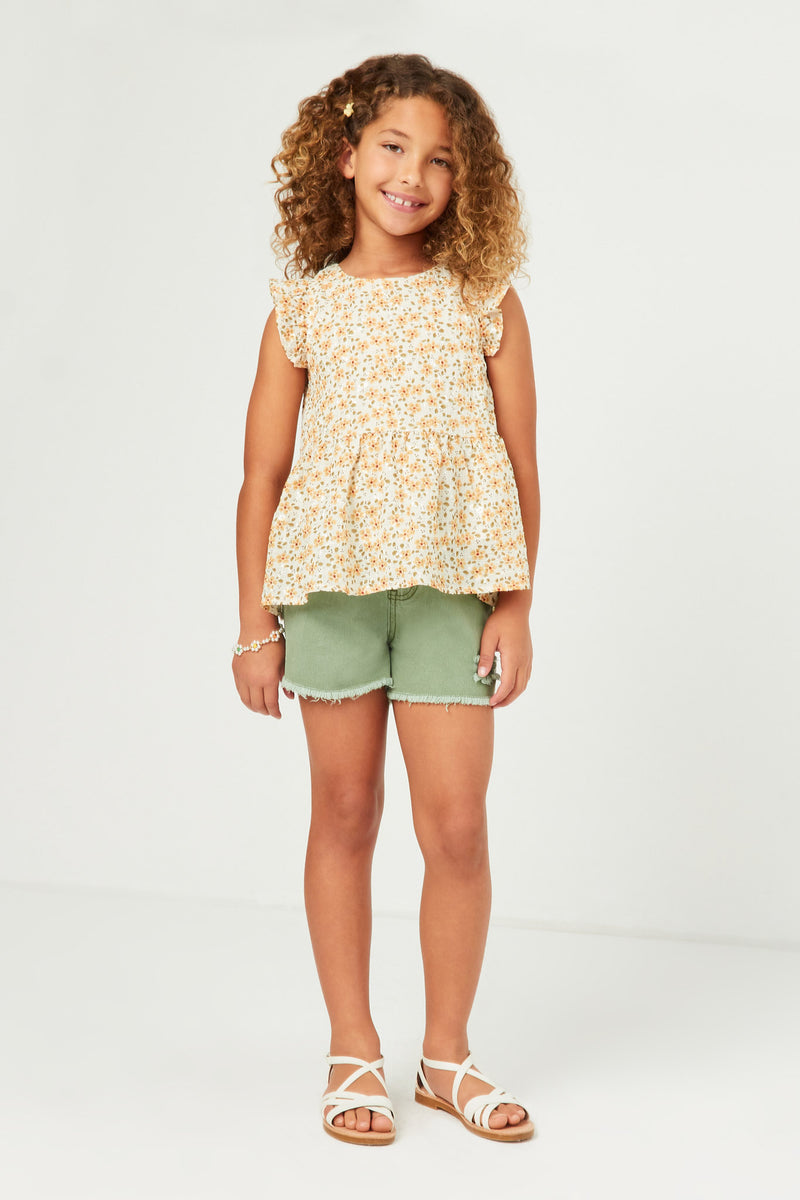 GY5839 YELLOW Girls Lurex Embroidered Antique Floral Ruffled Top Full Body