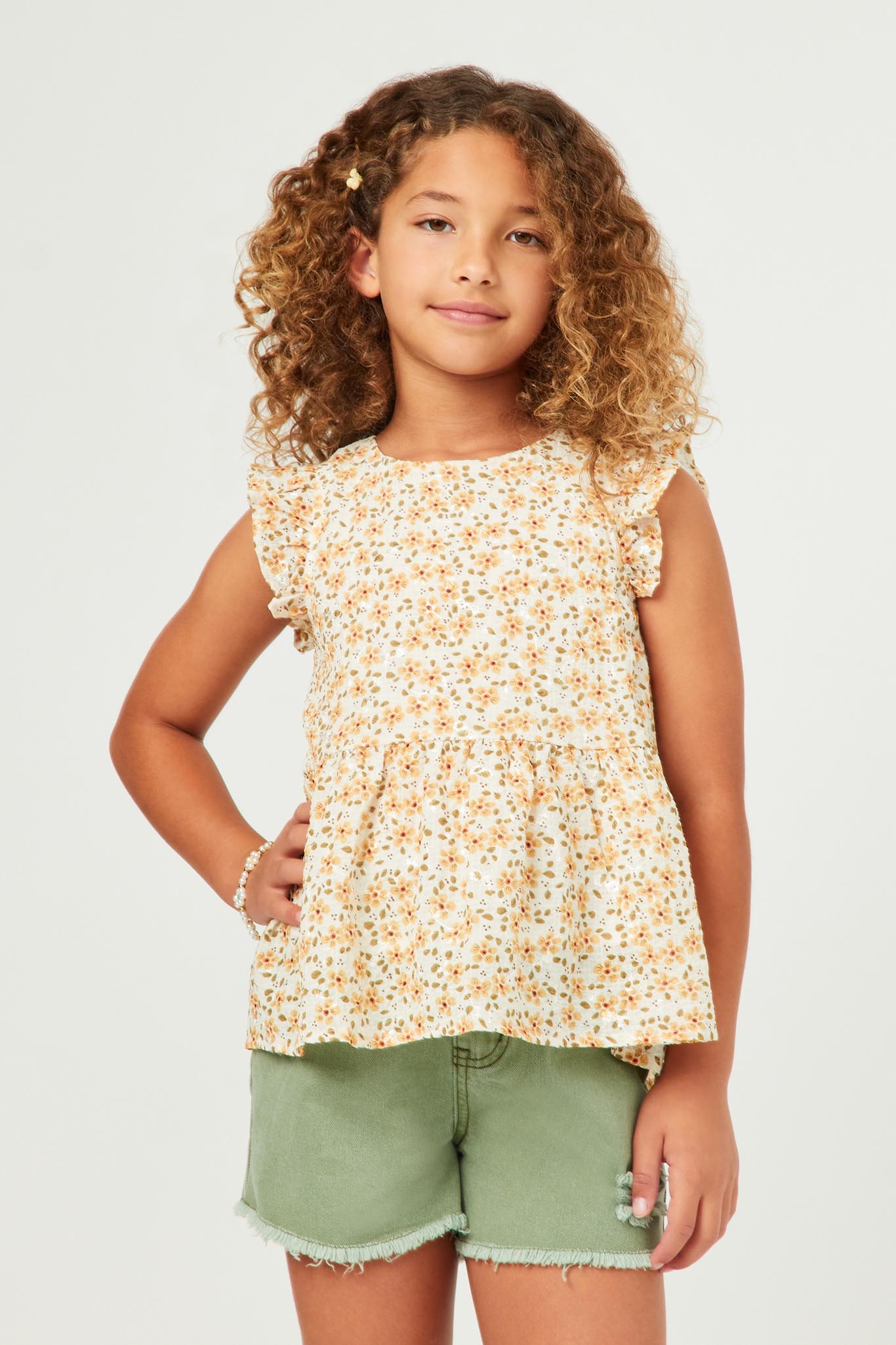 GY5839 YELLOW Girls Lurex Embroidered Antique Floral Ruffled Top Front