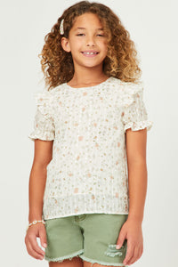 GY5840 IVORY Girls Textured Lurex Detail Printed Ruffle Top Front