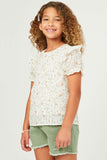 GY5840 IVORY Girls Textured Lurex Detail Printed Ruffle Top Front 2