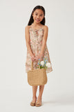 GY5850 PINK Girls Romantic Floral Ruffled Tie Detail Sleeveless Tank Dress Full Body