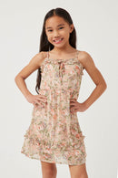 GY5850 PINK Girls Romantic Floral Ruffled Tie Detail Sleeveless Tank Dress Front