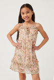 GY5850 PINK Girls Romantic Floral Ruffled Tie Detail Sleeveless Tank Dress Front