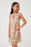 GY5850 PINK Girls Romantic Floral Ruffled Tie Detail Sleeveless Tank Dress Side