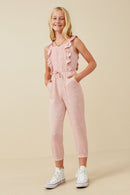 GY5874 MAUVE Girls Smocked Ruffle Detail Knit Jumpsuit Full Body