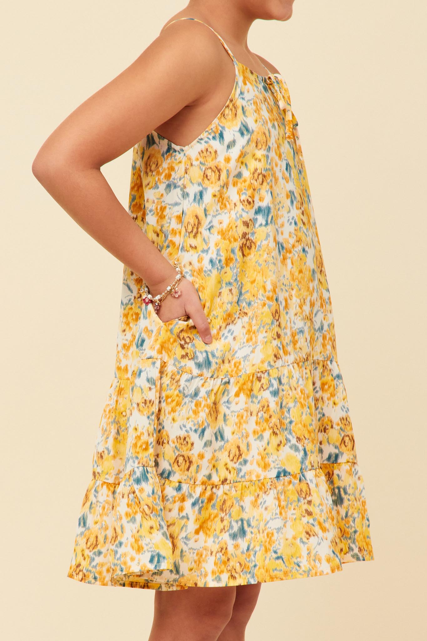 GY5895 Yellow Girls Tie Front Tiered Floral Midi Tank Dress Side