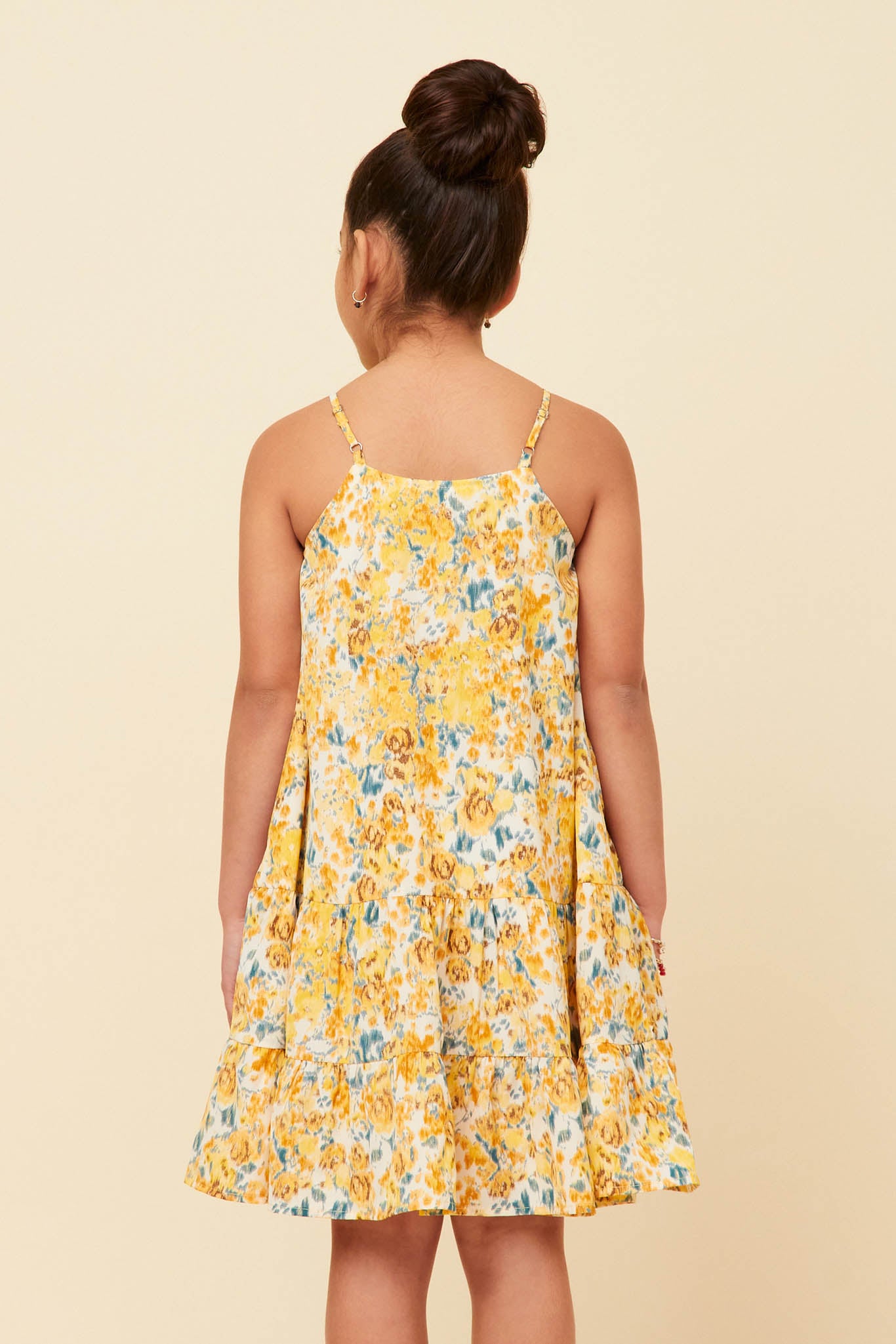 GY5895 Yellow Girls Tie Front Tiered Floral Midi Tank Dress Back