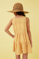 GY5903 YELLOW Girls Ditsy Floral Buttoned Tiered Wide Leg Romper Back