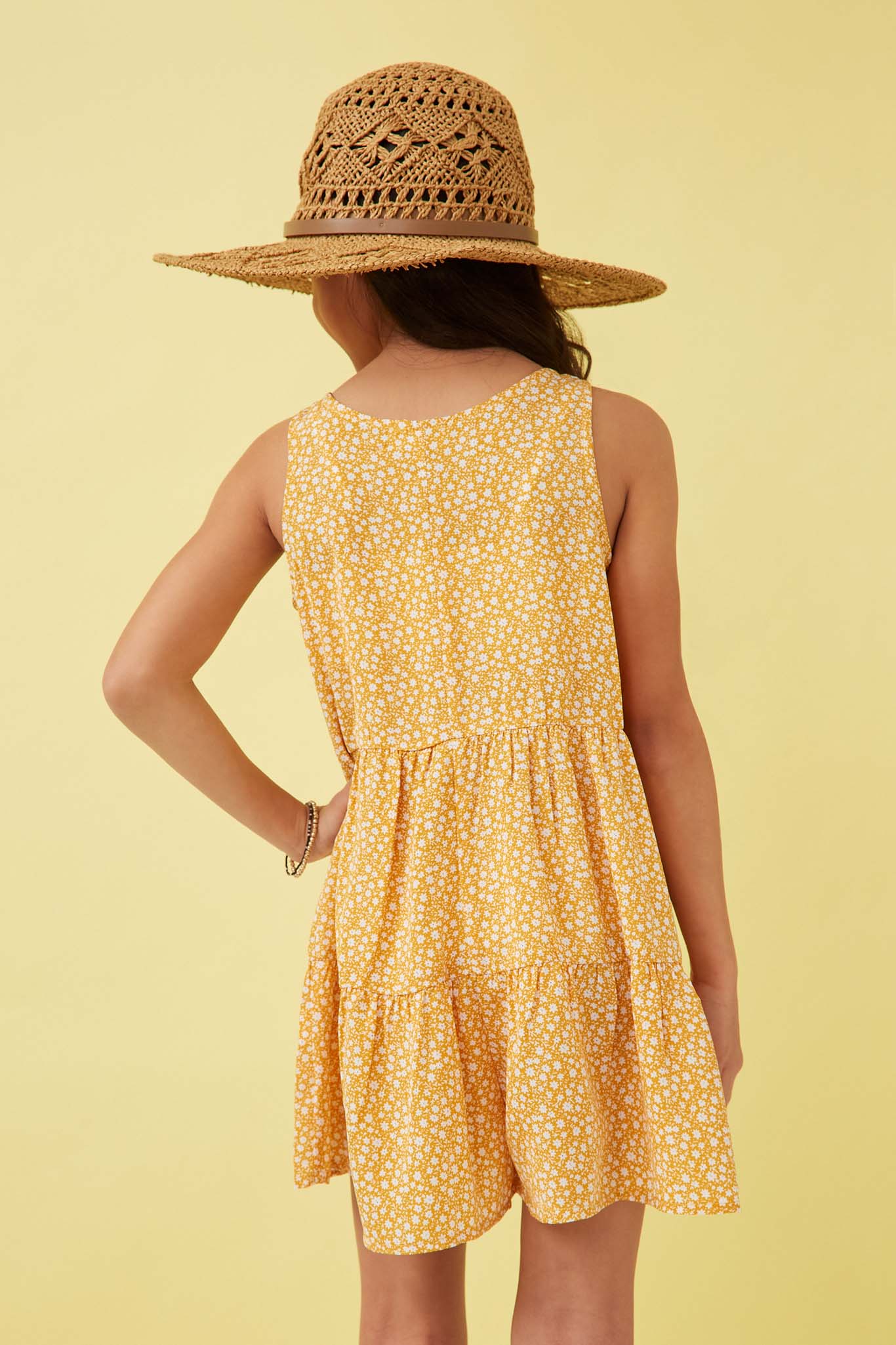 GY5903 YELLOW Girls Ditsy Floral Buttoned Tiered Wide Leg Romper Back