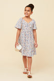 GY5906 BLUE Girls Ditsy Floral Cinched Bodice Flutter Sleeve Midi Dress Full Body