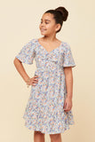 GY5906 BLUE Girls Ditsy Floral Cinched Bodice Flutter Sleeve Midi Dress Front