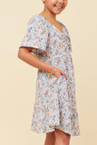 GY5906 BLUE Girls Ditsy Floral Cinched Bodice Flutter Sleeve Midi Dress Side