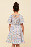 GY5906 BLUE Girls Ditsy Floral Cinched Bodice Flutter Sleeve Midi Dress Back