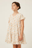 GY5939 OFF WHITE Girls V-Neck Ruffle Short Sleeve Tiered Floral Dress Front