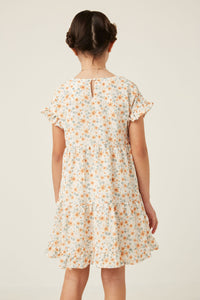 GY5939 OFF WHITE Girls V-Neck Ruffle Short Sleeve Tiered Floral Dress Back